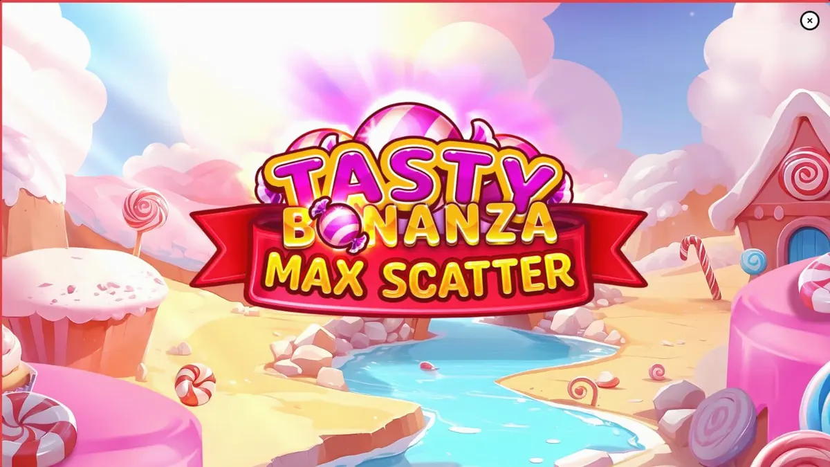 Tampilan visual permainan slot Tasty Bonanza Max Scatter dengan tema permen yang ceria